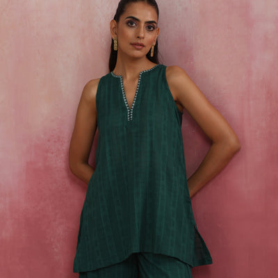 trueBrowns Dark Green Cotton Dobby Co-ord set