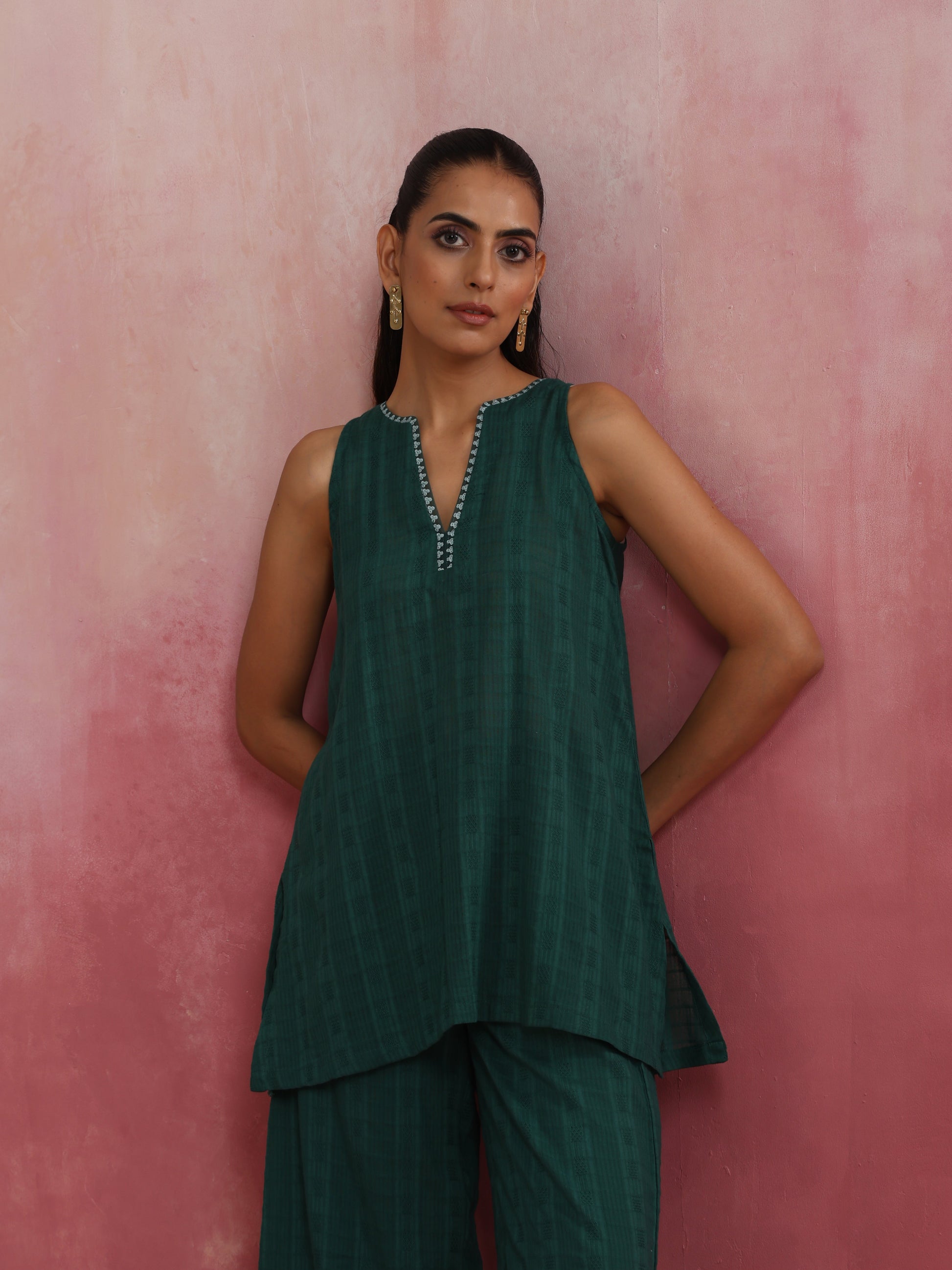 trueBrowns Dark Green Cotton Dobby Co-ord set