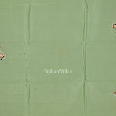 Pista Green Krishna Rasa Leela Hand-Painted Pattachitra Saree (Pre Order)