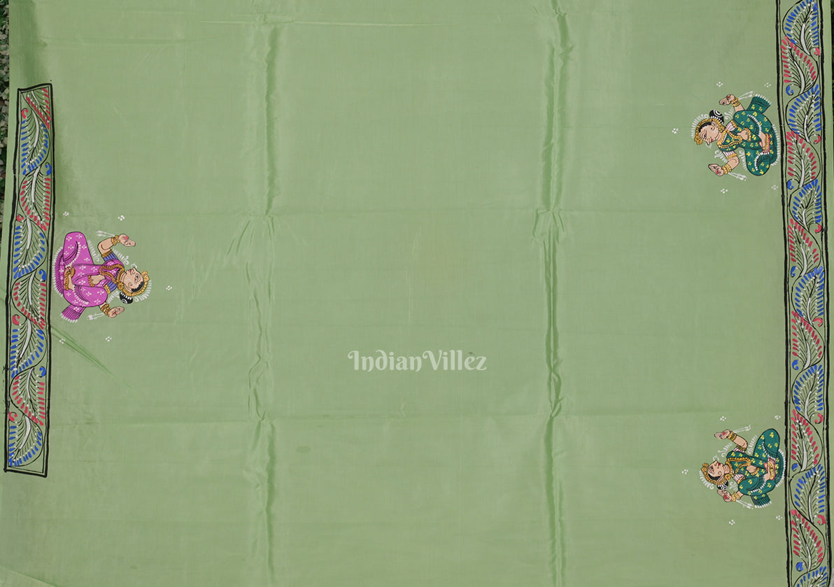 Pista Green Krishna Rasa Leela Hand-Painted Pattachitra Saree (Pre Order)