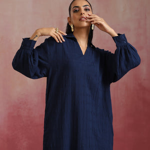 trueBrowns Dark Blue Cotton Dobby Dress