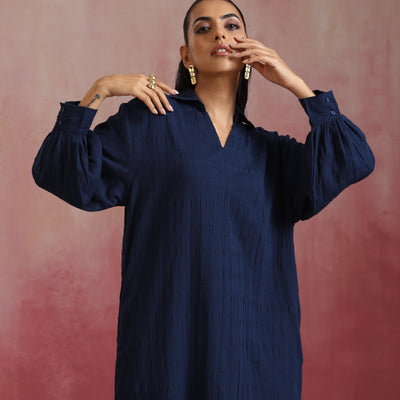 trueBrowns Dark Blue Cotton Dobby Dress