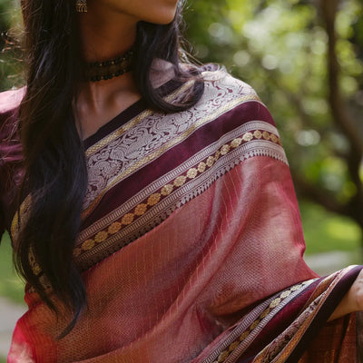 Dusty Pink Tissue Handloom Silk Cotton Saree With Zari Stripes