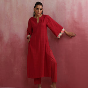 trueBrowns Red Straight Cotton Dobby Kurta Set