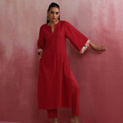 trueBrowns Red Straight Cotton Dobby Kurta Set