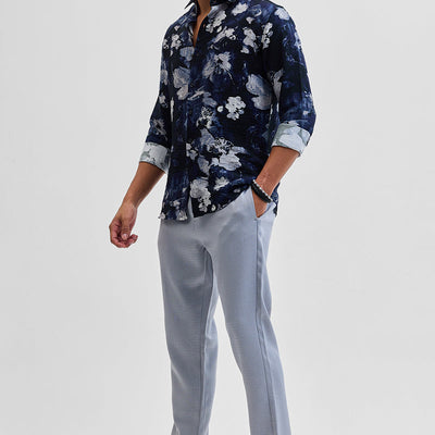 Light Grey Self-Design Slim Fit Trousers