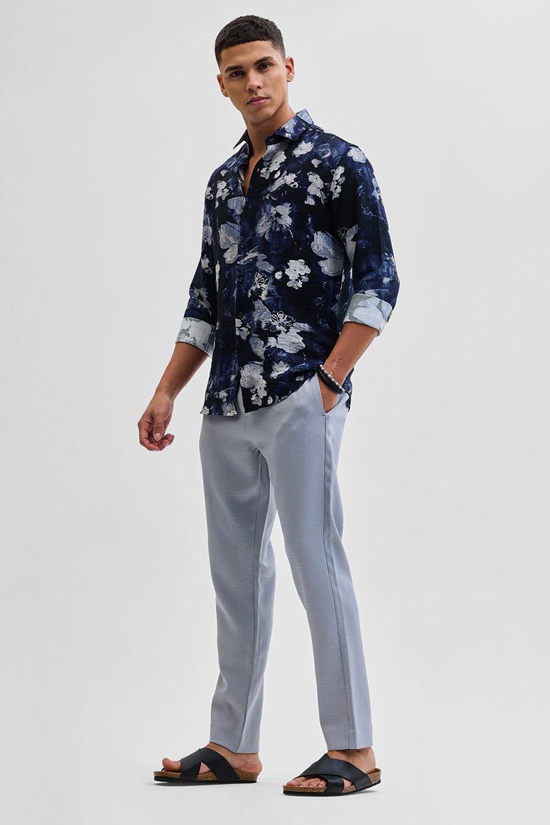 Light Grey Self-Design Slim Fit Trousers