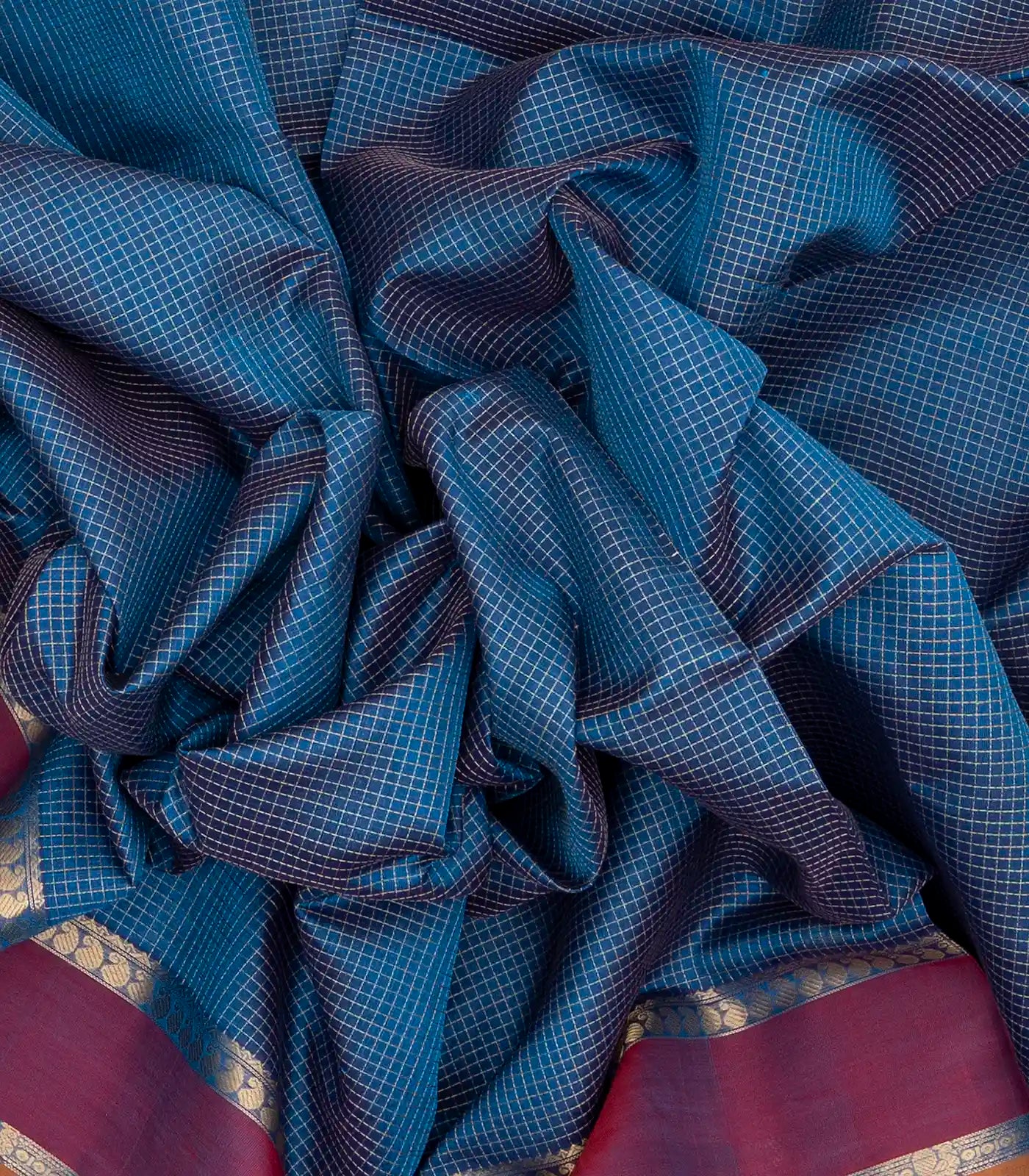 Blue Handloom Silk Cotton Saree With Checks