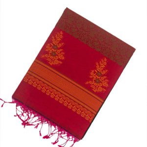 Bottle Green Handloom Kora Silk Cotton Saree With Buttas & Pink Pallu