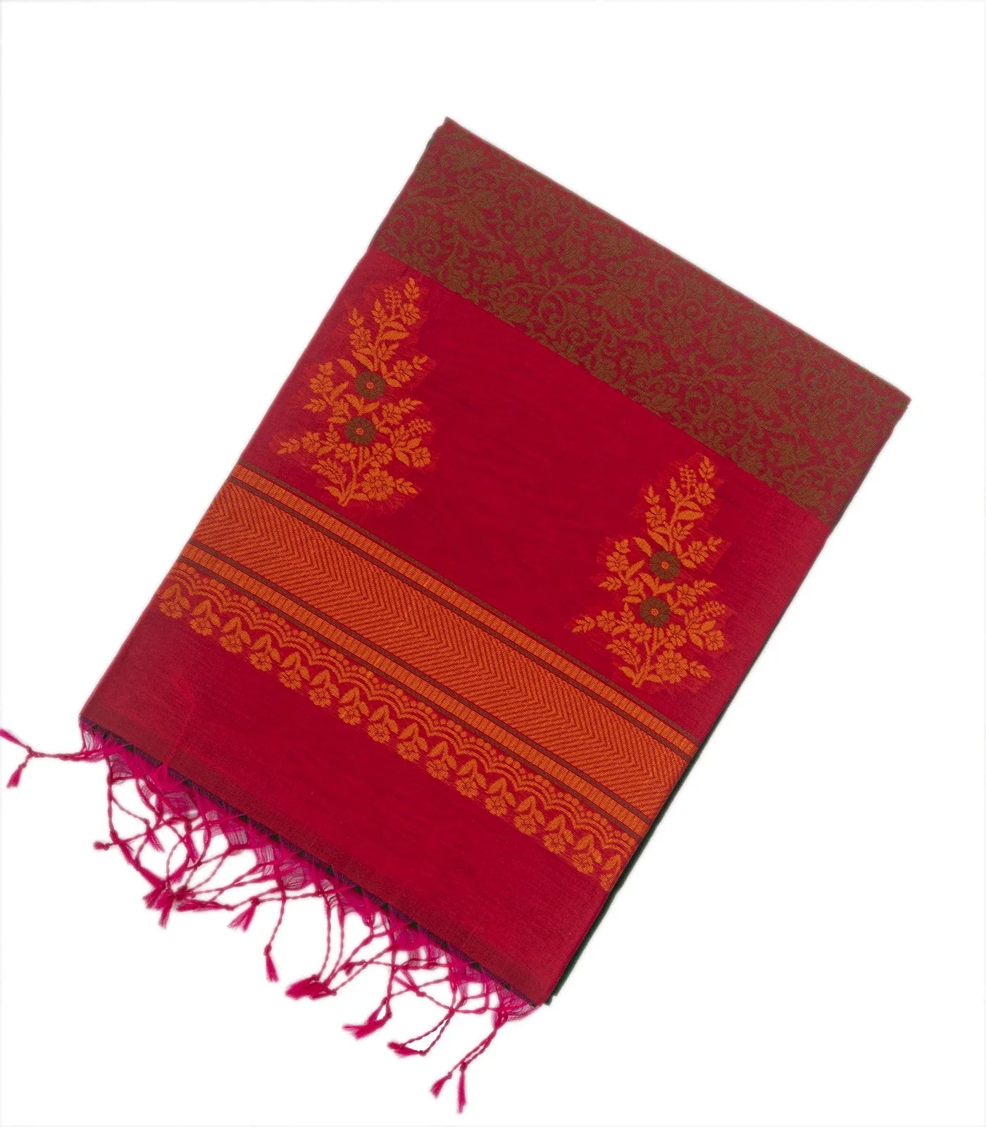 Bottle Green Handloom Kora Silk Cotton Saree With Buttas & Pink Pallu