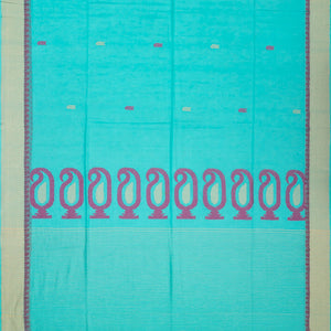 Turquoise Handloom Bengal Cotton Saree With Mango Buttas