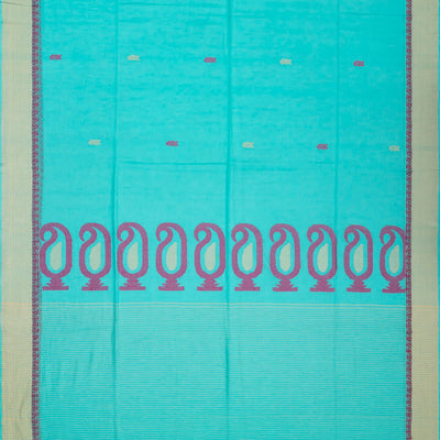 Turquoise Handloom Bengal Cotton Saree With Mango Buttas