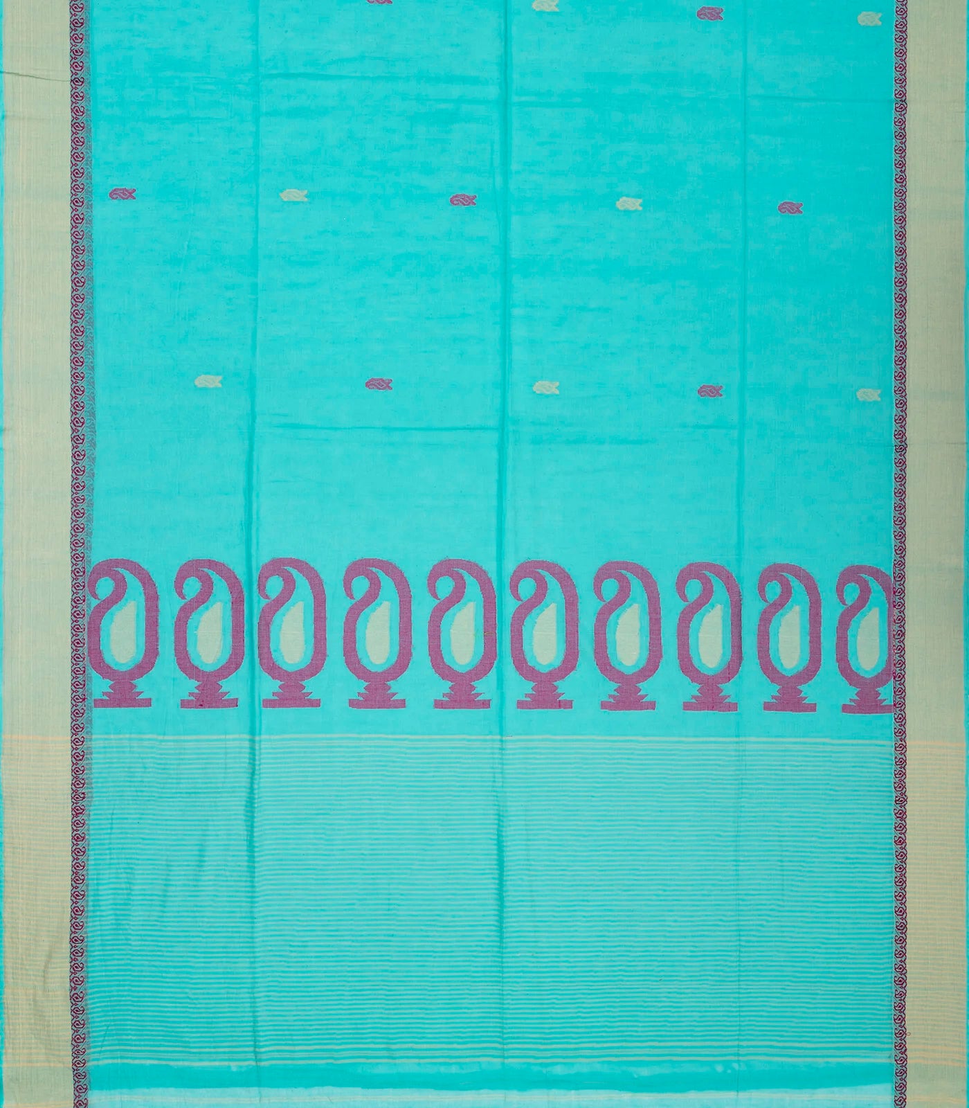 Turquoise Handloom Bengal Cotton Saree With Mango Buttas