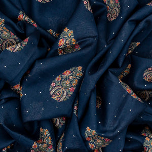 Navy Blue Handloom Tussar Silk Saree Printed With Floral Motifs