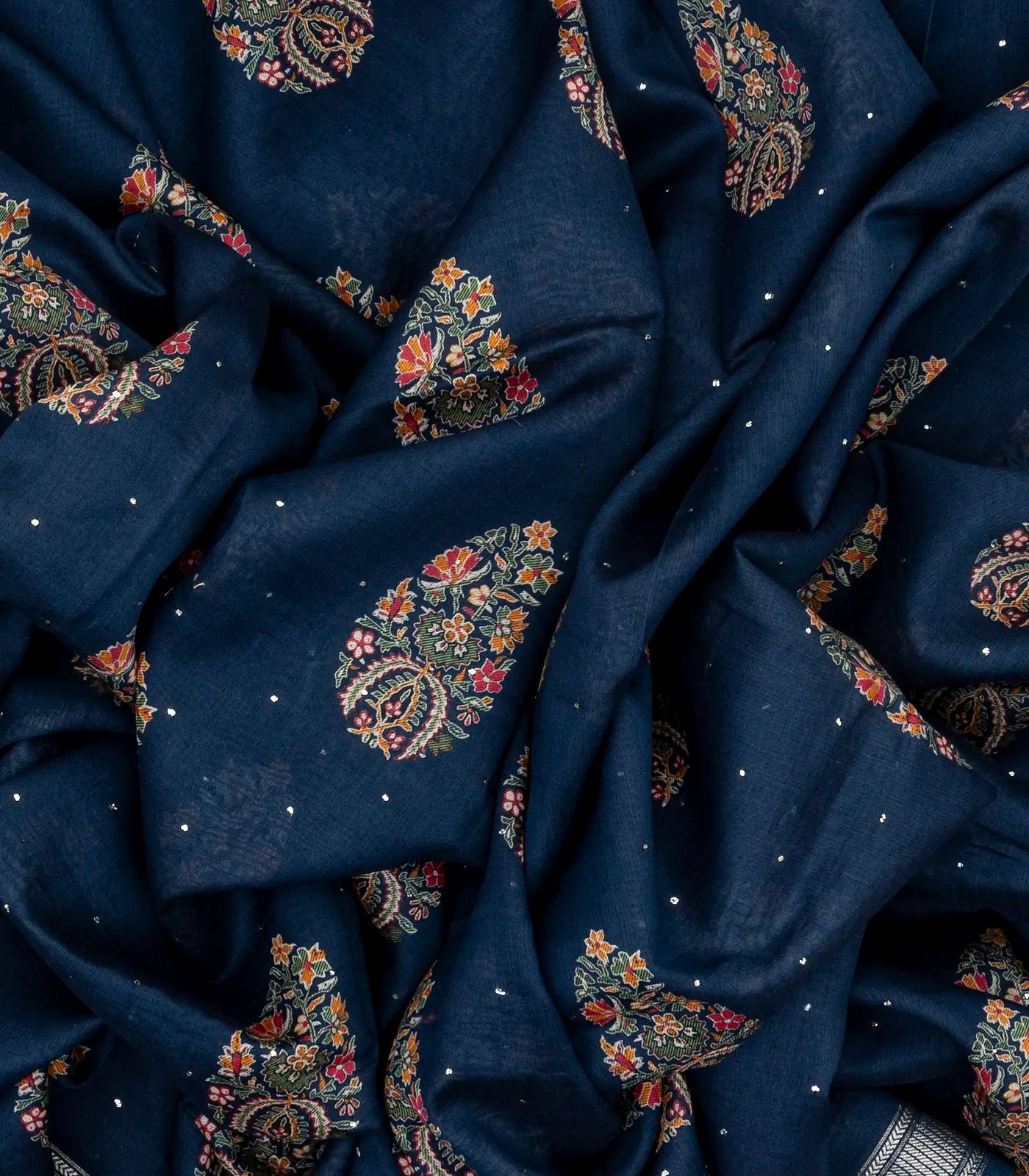 Navy Blue Handloom Tussar Silk Saree Printed With Floral Motifs