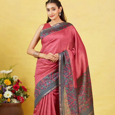 Dark Peach Tussar Silk Saree With Printed Floral Motifs