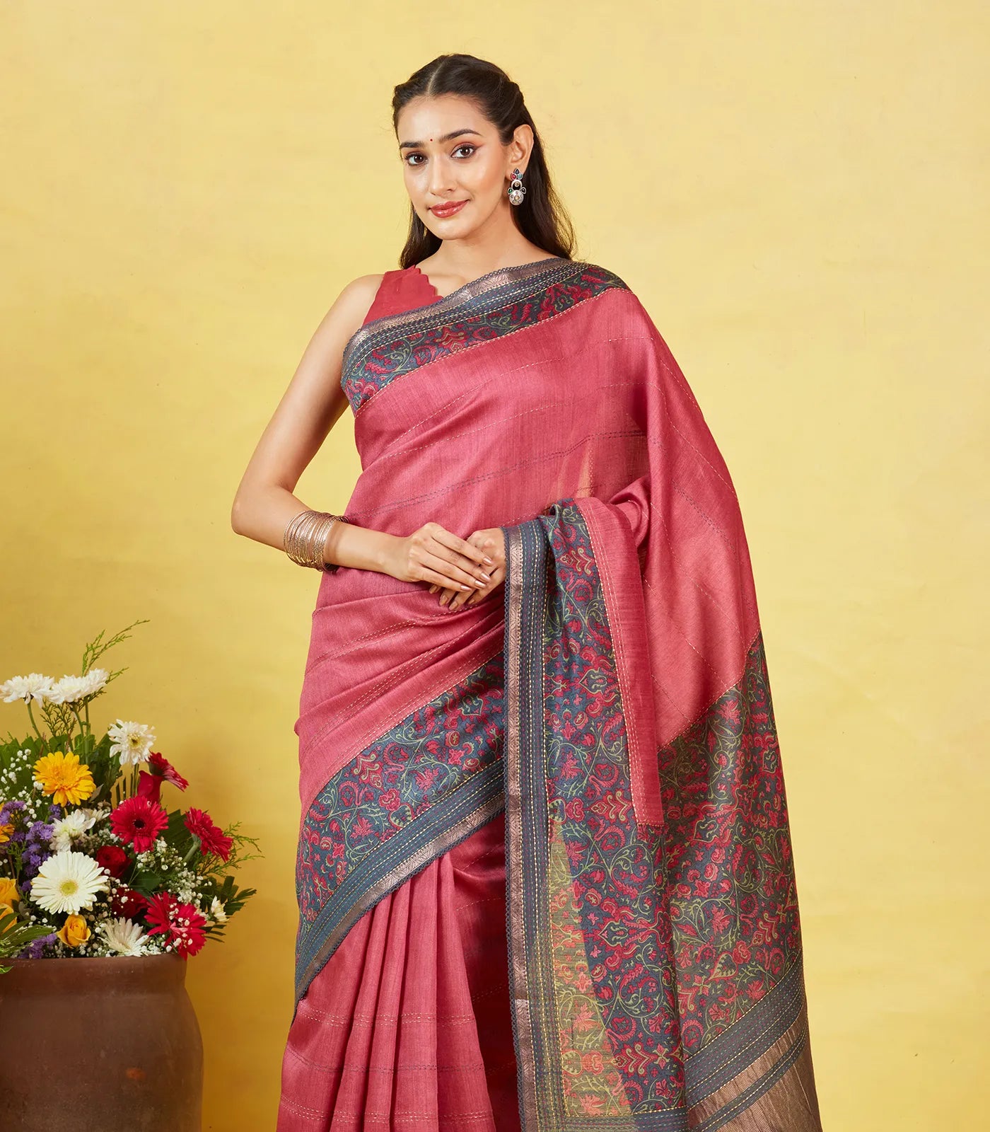 Dark Peach Tussar Silk Saree With Printed Floral Motifs