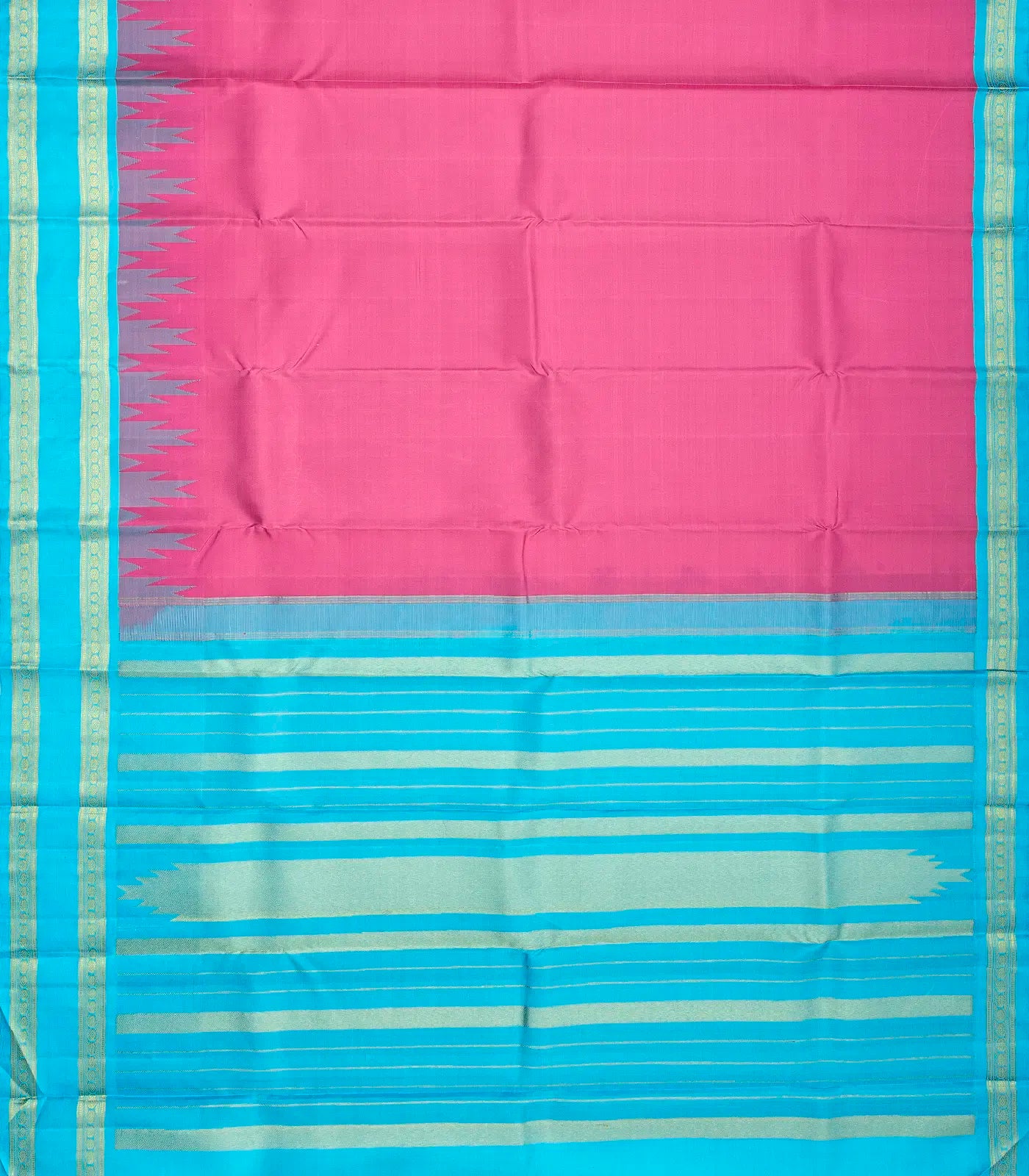 Pink Handloom Kanchipuram Korvai Silk Saree With Turquoise Border