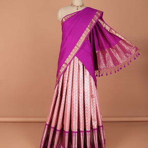Pink floral vine design art-silk half saree, contrast traditional zari border,zari design blouse & ogee patern dhavani