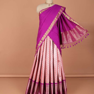 Pink floral vine design art-silk half saree, contrast traditional zari border,zari design blouse & ogee patern dhavani