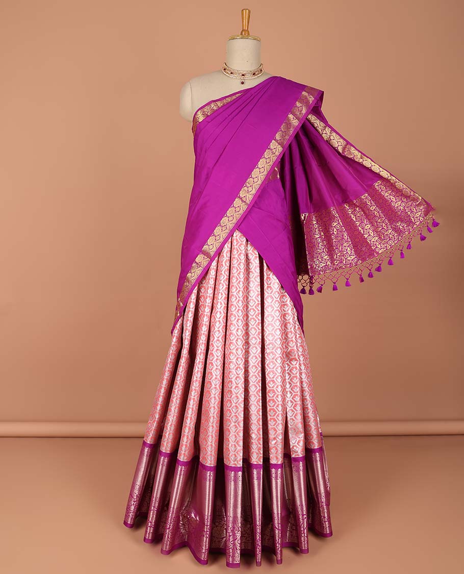 Pink floral vine design art-silk half saree, contrast traditional zari border,zari design blouse & ogee patern dhavani