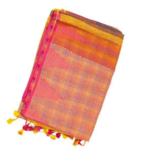Multi-colour Muppagam Handloom Linen saree with Temple Border