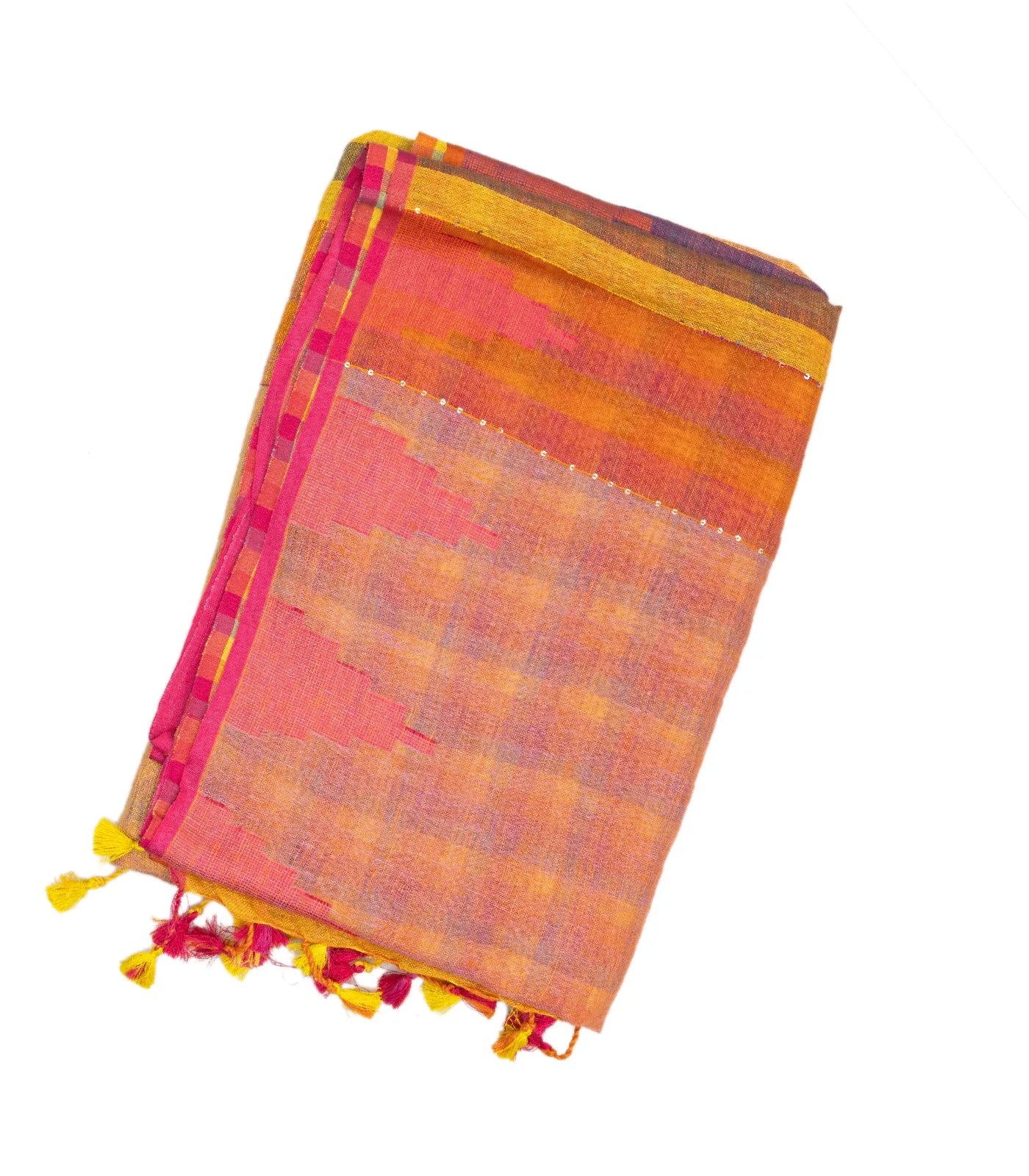 Multi-colour Muppagam Handloom Linen saree with Temple Border