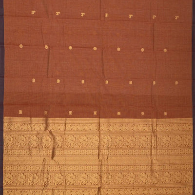 Brown Handloom Kanchi Cotton Saree With Annam & Elephant Buttas