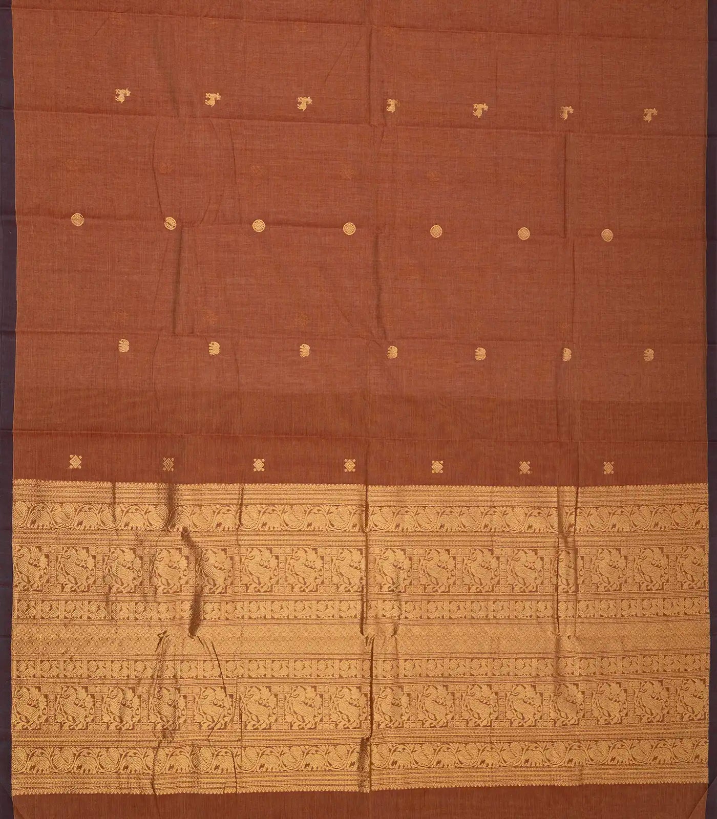 Brown Handloom Kanchi Cotton Saree With Annam & Elephant Buttas