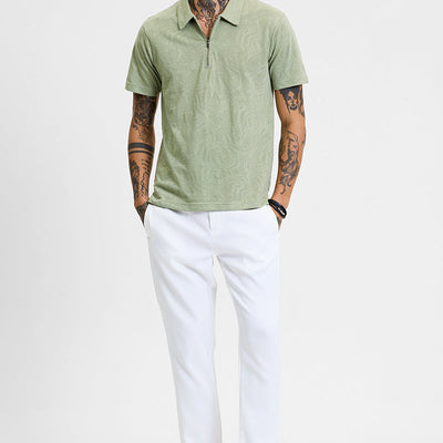 Light Green Self-Design Zipper Polo T-Shirt