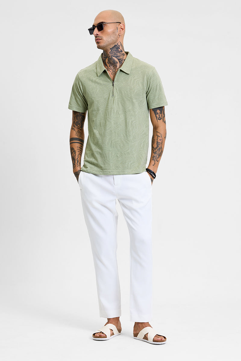 Light Green Self-Design Zipper Polo T-Shirt