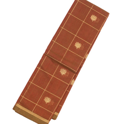 Brown Handloom Kanchi Cotton Saree With Checks & Lotus Buttas