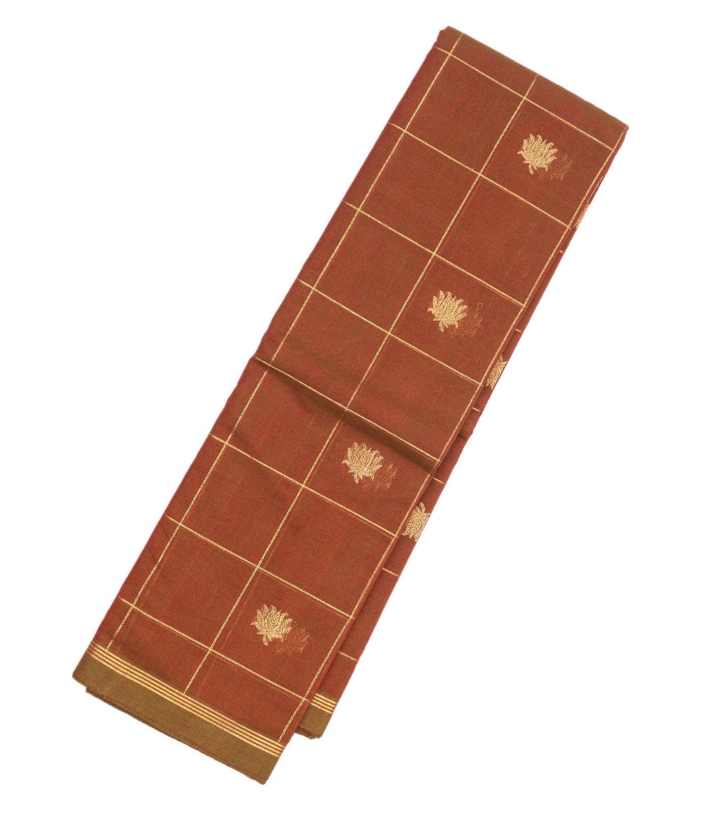 Brown Handloom Kanchi Cotton Saree With Checks & Lotus Buttas