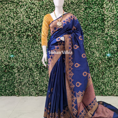 Midnight Blue Pure Banarasi Katan Silk Saree With Meena Work