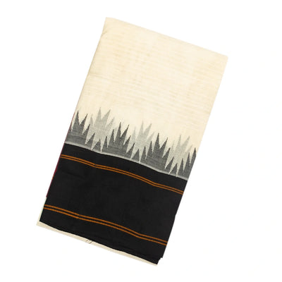 White Handloom Korvai Kanchi Cotton Saree With Contrast Temple Border
