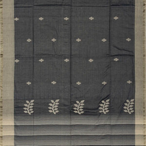 Dark Grey Handloom Bengal Cotton Tissue saree With Zari stripes and Floral (Phool) Buttis
