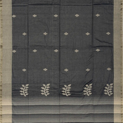 Dark Grey Handloom Bengal Cotton Tissue saree With Zari stripes and Floral (Phool) Buttis
