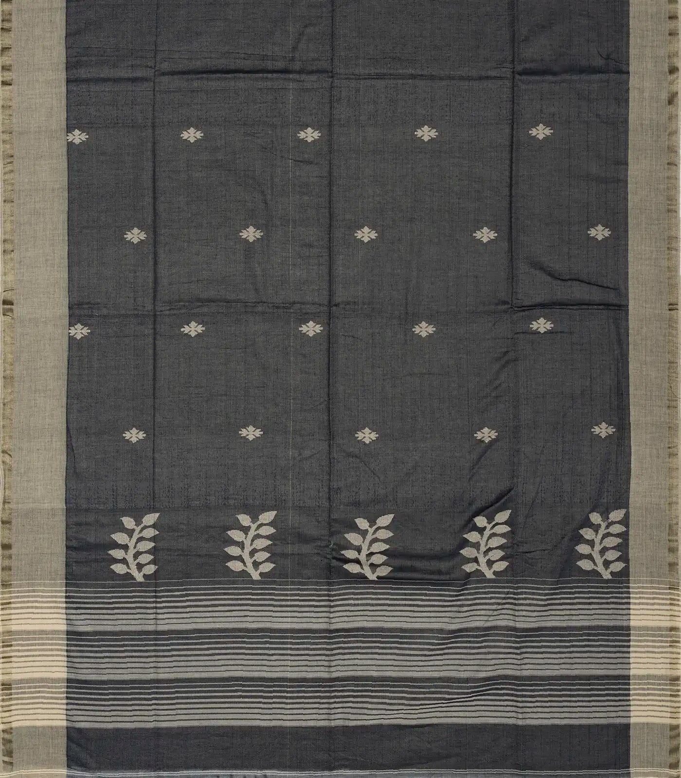 Dark Grey Handloom Bengal Cotton Tissue saree With Zari stripes and Floral (Phool) Buttis