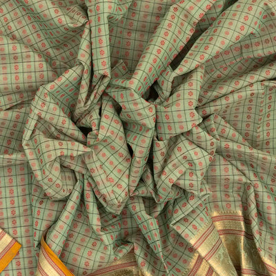 Shadow Green Handloom Kanchi Cotton Saree With Checks & Kamalam Motifs