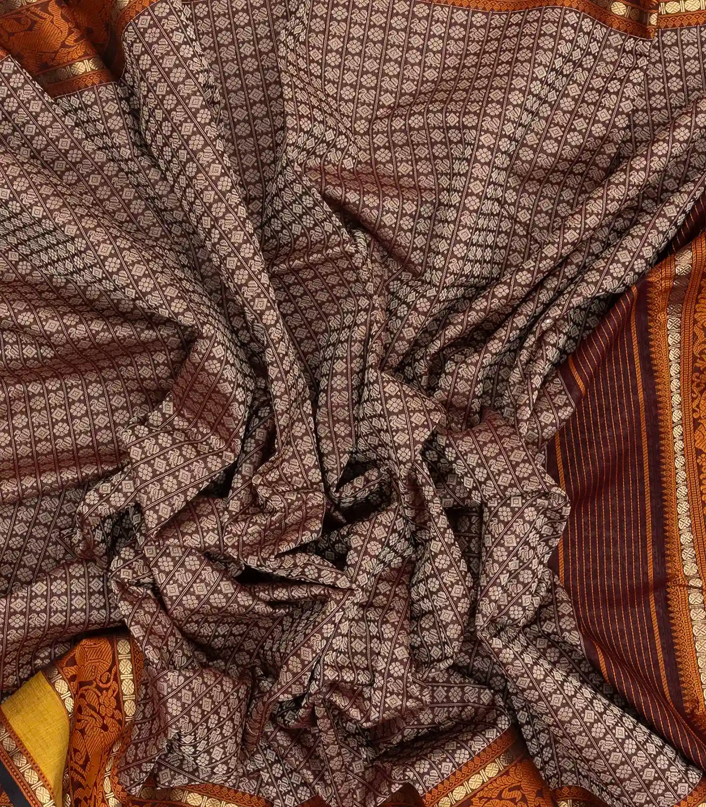 Brown Handloom Silk Cotton Saree With Annam Chakaram Motifs