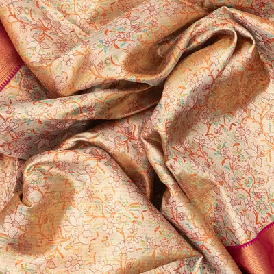 Beige Handloom Kanchipuram Tissue Silk Saree With Meenakari Floral Motifs