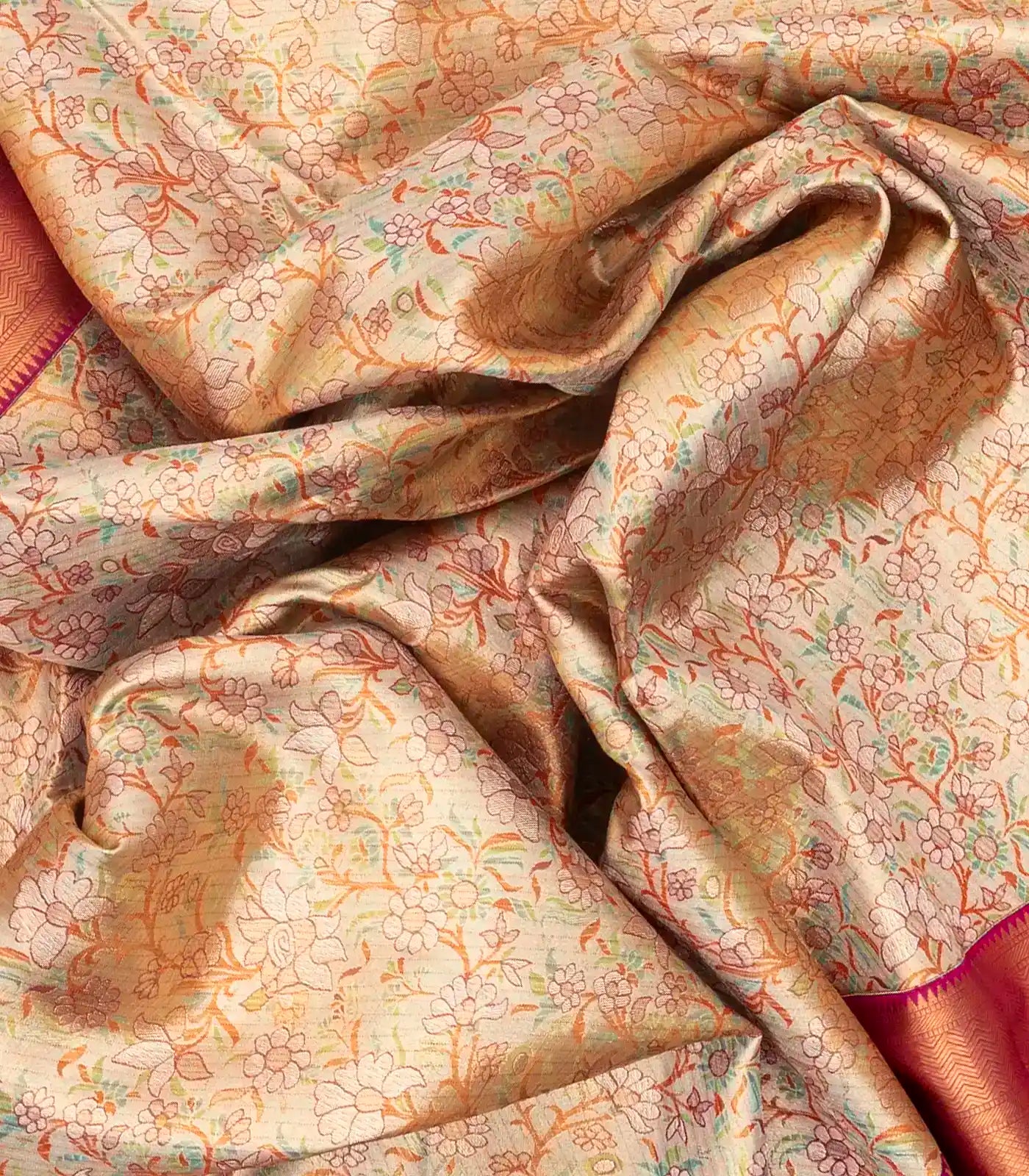 Beige Handloom Kanchipuram Tissue Silk Saree With Meenakari Floral Motifs