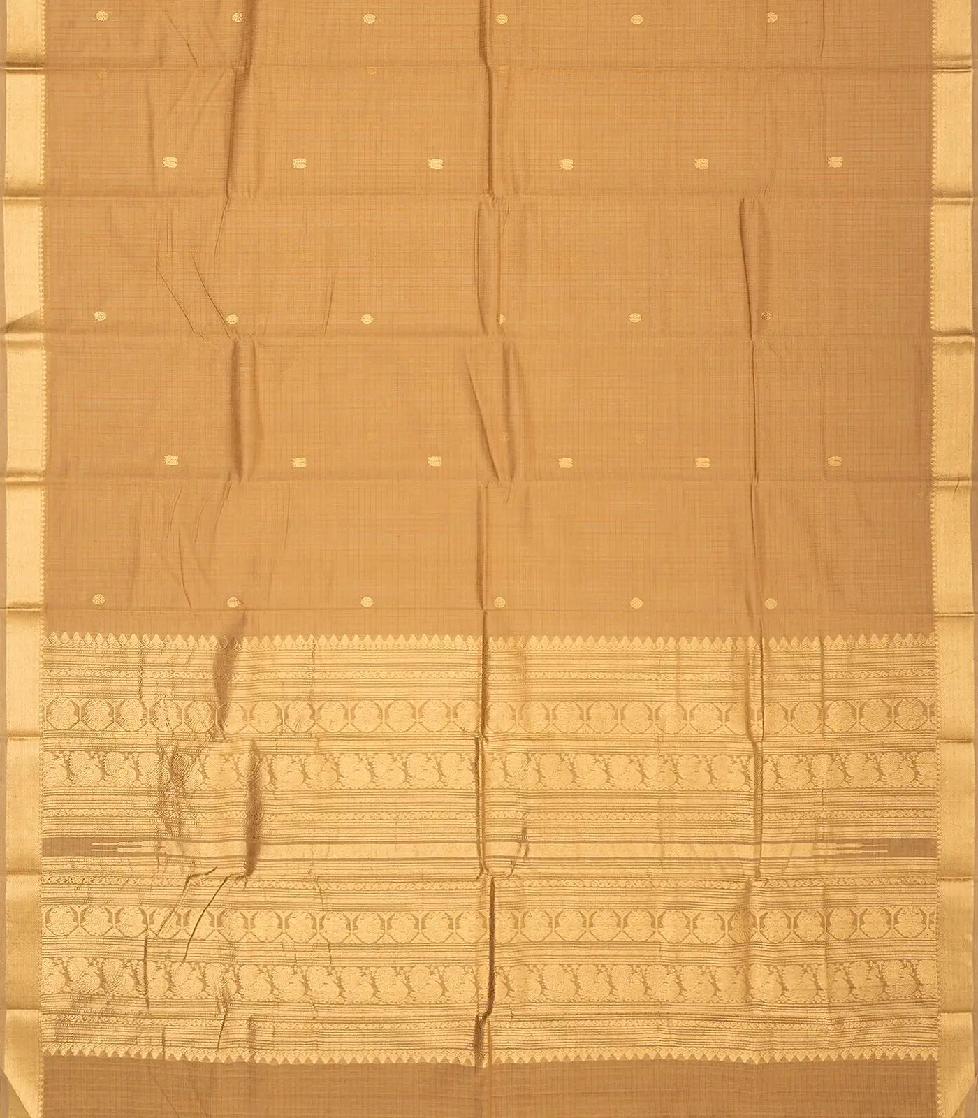 Taupe Handloom Kanchi Cotton Saree With Annam Zari Buttas.