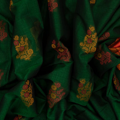Bottle Green Handloom Kora Silk Cotton Saree With Buttas & Pink Pallu