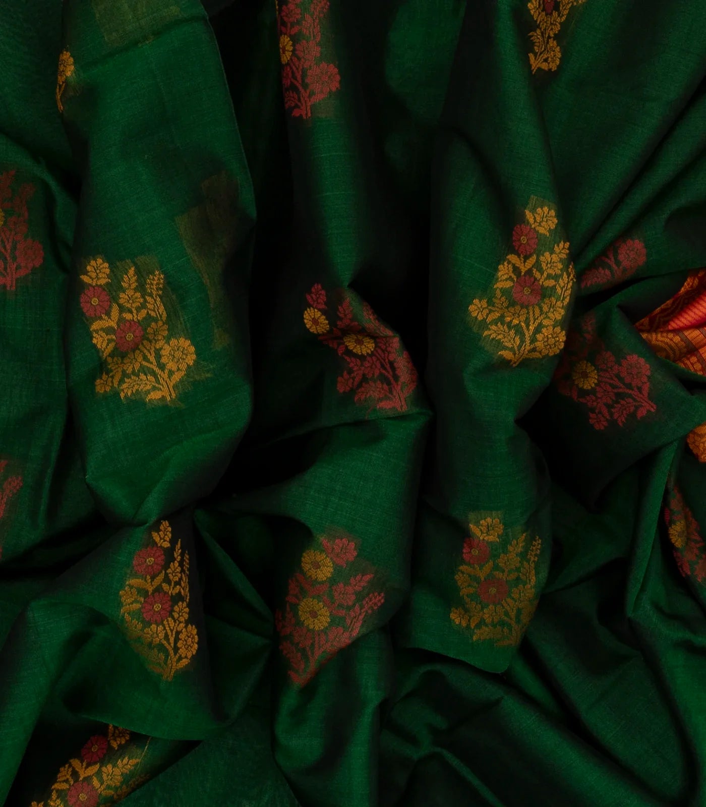 Bottle Green Handloom Kora Silk Cotton Saree With Buttas & Pink Pallu