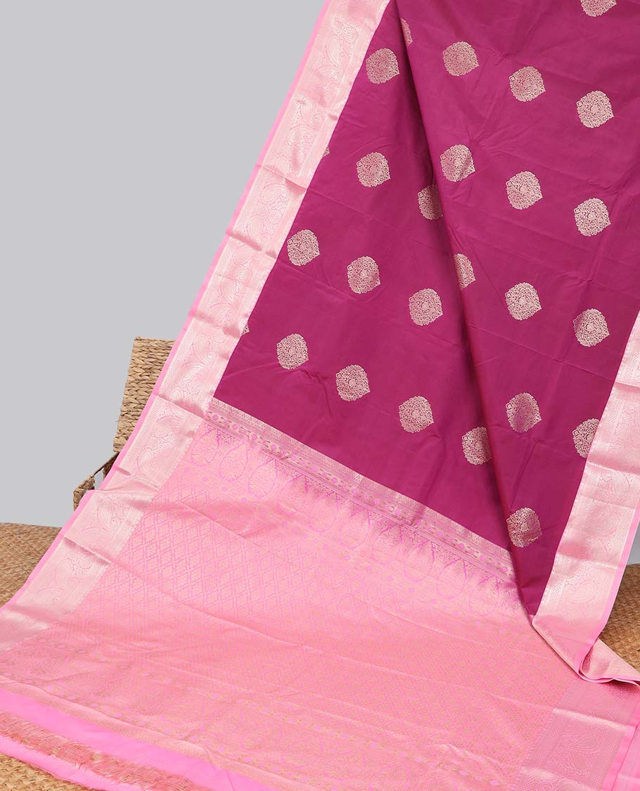 Red floral motifs gift saree with contrast paisley border & intricate zari design pallu