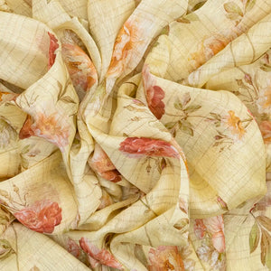 Yellow Handloom Linen Saree With Printed Floral Motifs & Stripes