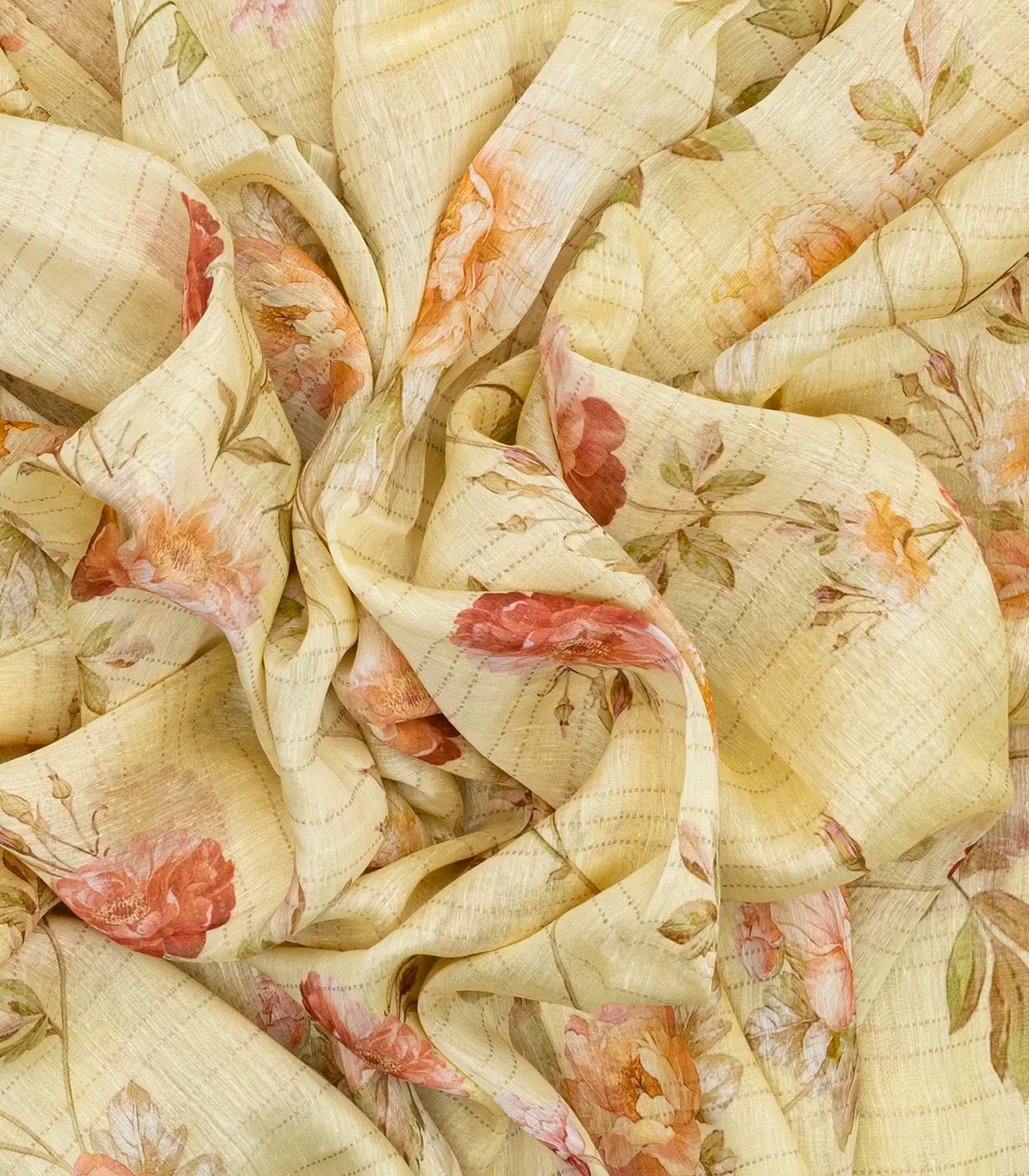 Yellow Handloom Linen Saree With Printed Floral Motifs & Stripes