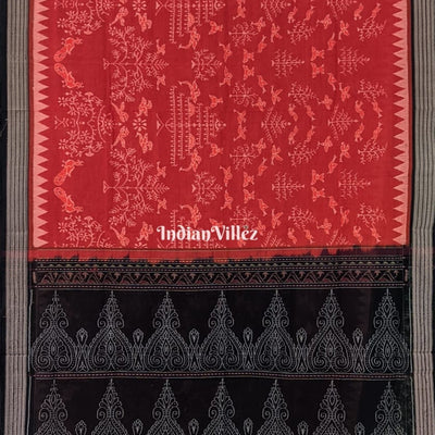 Rust Maroon Tree Bird Motifs Sambalpuri Ikat Cotton Saree