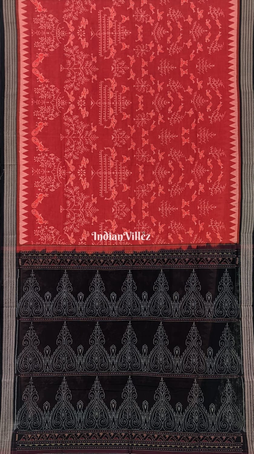 Rust Maroon Tree Bird Motifs Sambalpuri Ikat Cotton Saree
